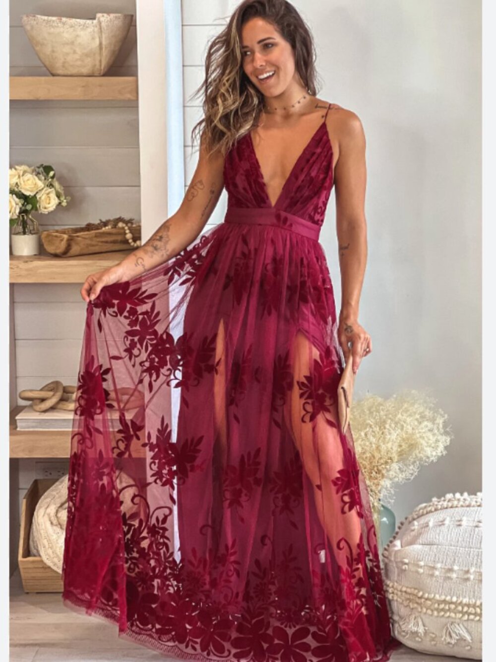 Luxxel Plunging V neck wine Floral Tulle maxi dress Flocked Sheer sz S TALL